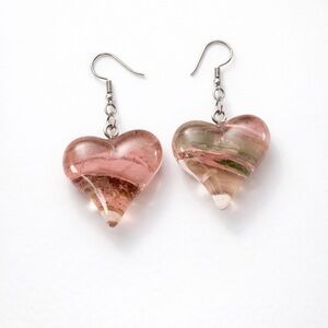 Heart Dangle Earrings Silver Tone Hooks‎ Pink Green Resin Jewelry